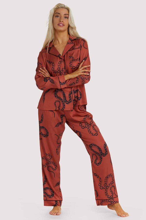 Rust Snake Print Satin Pyjama Set Online Hot Sale