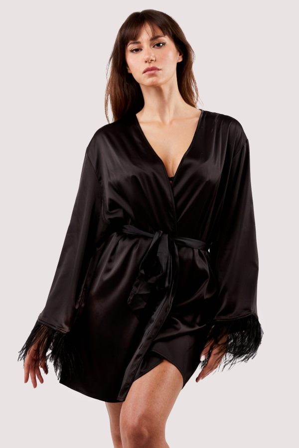 Sirus Black Satin And Feather Kimono Hot on Sale