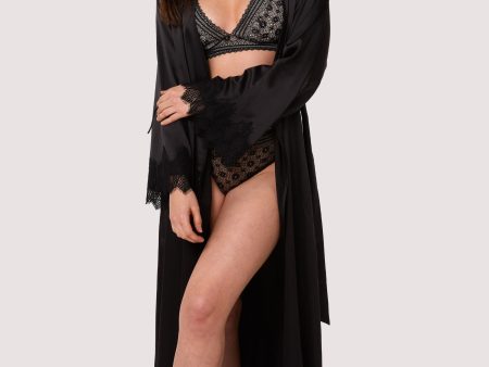 Enyo Black Applique Lace & Satin Robe Hot on Sale