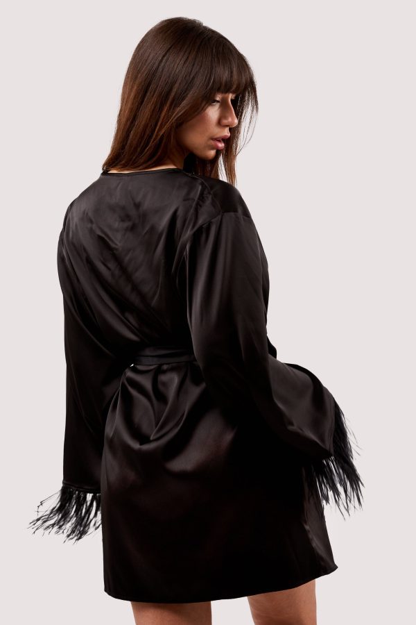 Sirus Black Satin And Feather Kimono Hot on Sale