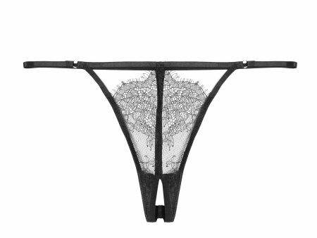 Black Lace Strappy Crotchless Thong Hot on Sale