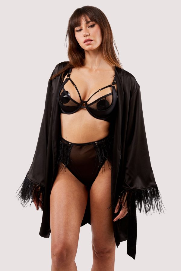 Sirus Black Satin And Feather Kimono Hot on Sale