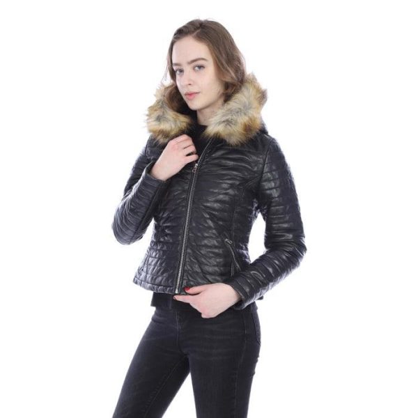 Black Puffy Leather Jacket With Hood Sale