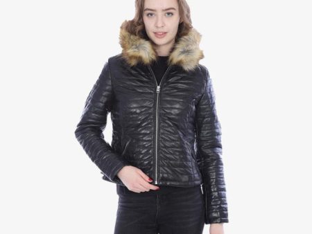 Black Puffy Leather Jacket With Hood Sale