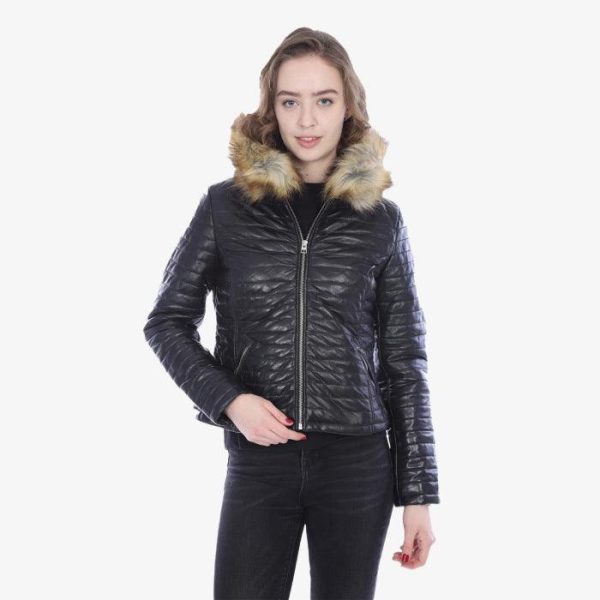 Black Puffy Leather Jacket With Hood Sale