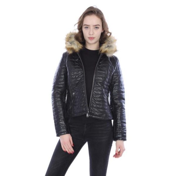 Black Puffy Leather Jacket With Hood Sale